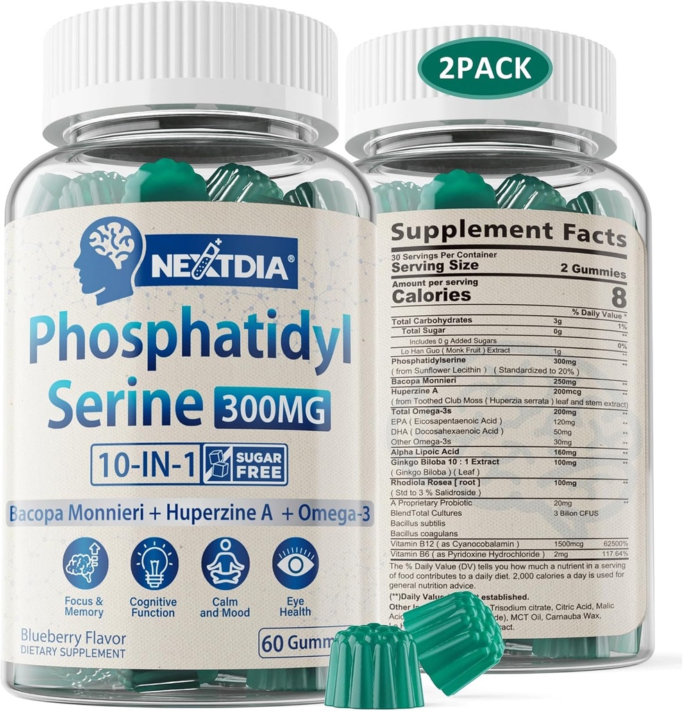 Phosphatidylserine - Nootropic Brian συμπλήρωμα, Focus & Energy Gummies+ Bacopa Monnieri, Omega 3, Huperzine A, Methyl B12 & B6 για ηλικιωμένους, παίκτες, εργαζόμενους, μη-GMO, καφεΐνη-ελεύθερο, ζάχαρη δωρεάν, 2 Πακέτο