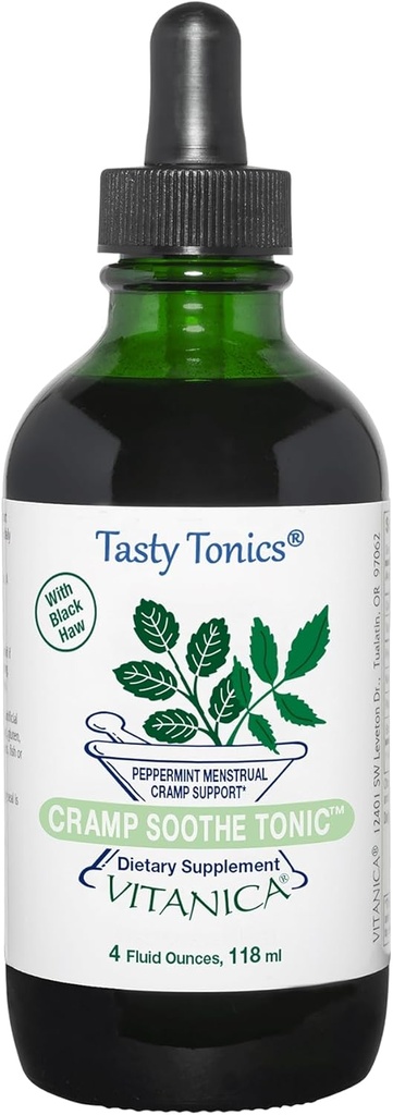 Vitanica Cramp Soothe Tonic, Dr Formulated Menstrual Cramp Support, με Black Haw Bark, Valerian Root, Ginger Root, και Garrya Herb, Χωρίς αλκοόλ, Vegan, 4 Ουγγιά- Pro Logo