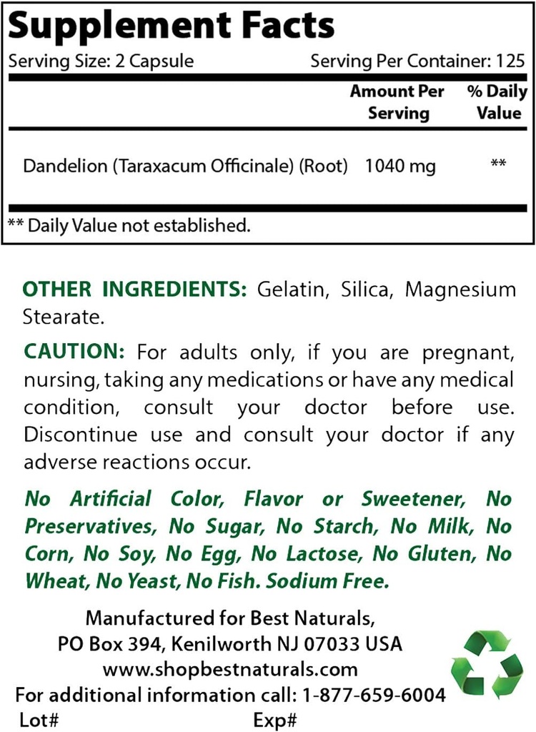 Best Naturals Dandelion Root 520 mg & εκχύλισμα Ashwagandha 500 Mg