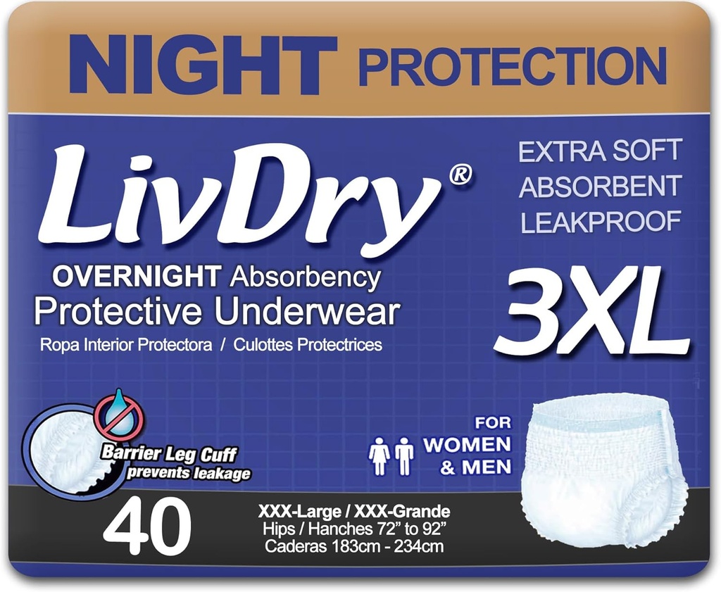 LivDry Adult Incontinence Underwear, Overnight Comfort Absorbency, Leak Protection (XXX-Large (40 Count))