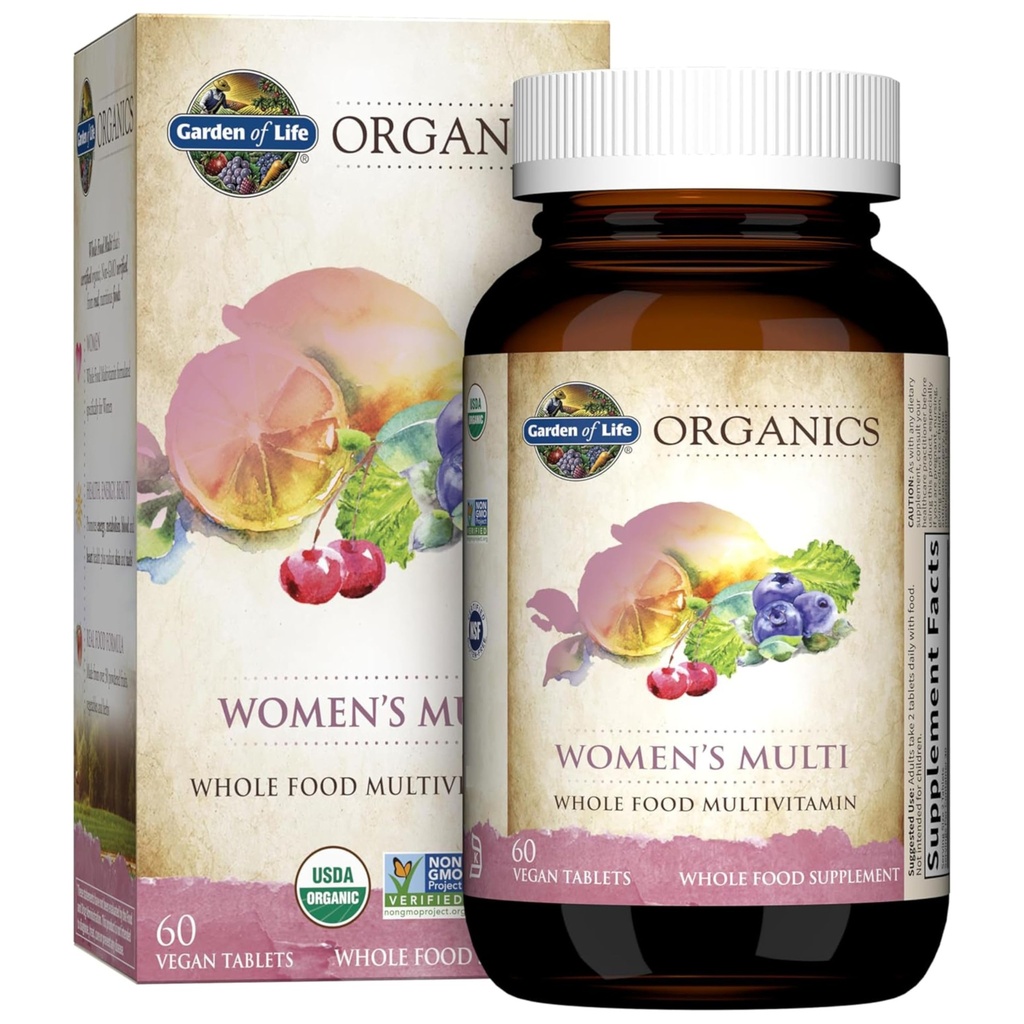 Garden of Life Organics Women's Multivitamin with Vitamin C, D3, Folate, B12, Biotin & Iron – Women's Multivitamin for Energy, Heart Health & Radiant Skin, USDA Organic, Non-GMO, Vegan, 60 Tablets