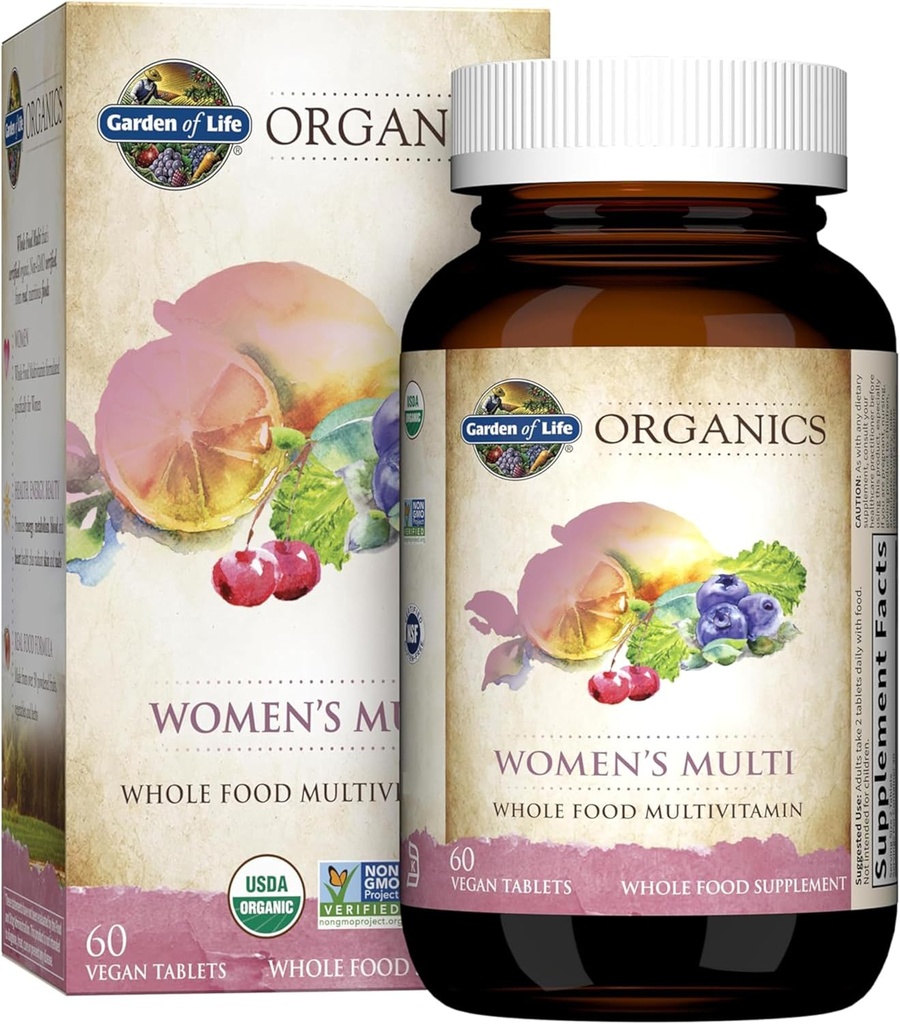 Organic Garden of Life Organic Multivitamin for Women - Womens Multi with Vitamin C, D, Folate, B6, B12, Biotin, Iron, Vegan Whole Food Vitamins for Women, Energy, Skin, Nails, 60 Tablets