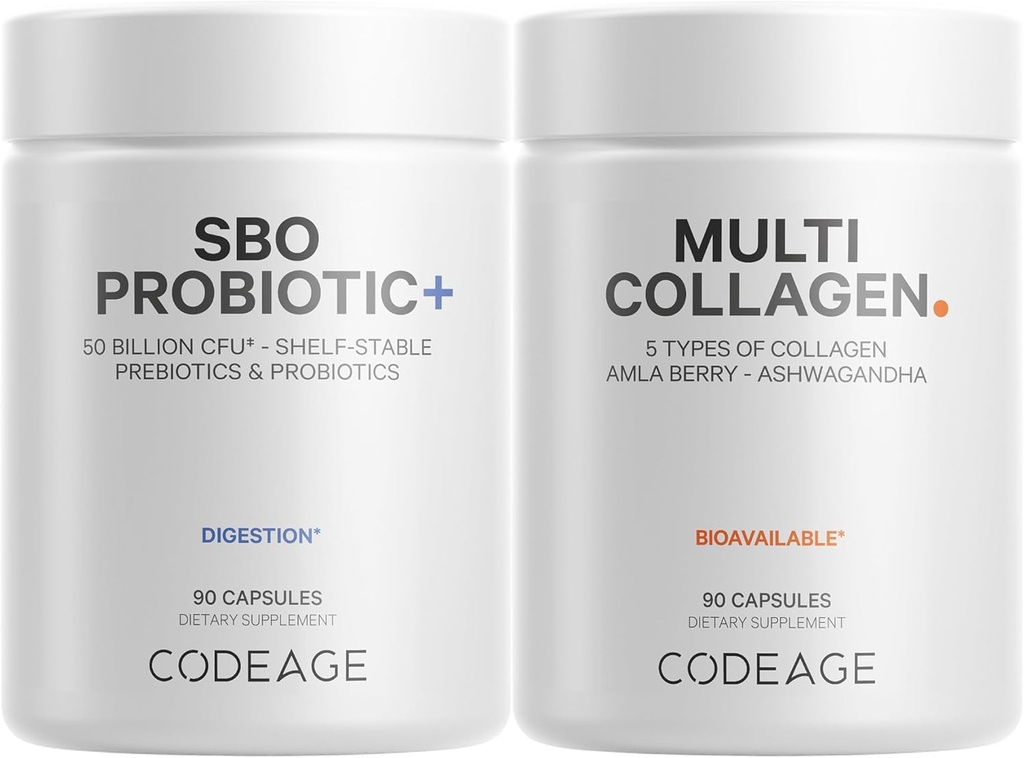 Codeage Multi Collage Protein Capses 5 Types, Ashwagandha Withania Somnifera & Organic Amla Berry + SBO Probiotic Blend 50 Billion CFU Bundle, Lactobacillus Plantarum, Bacillus Subtilis, Non-GMO