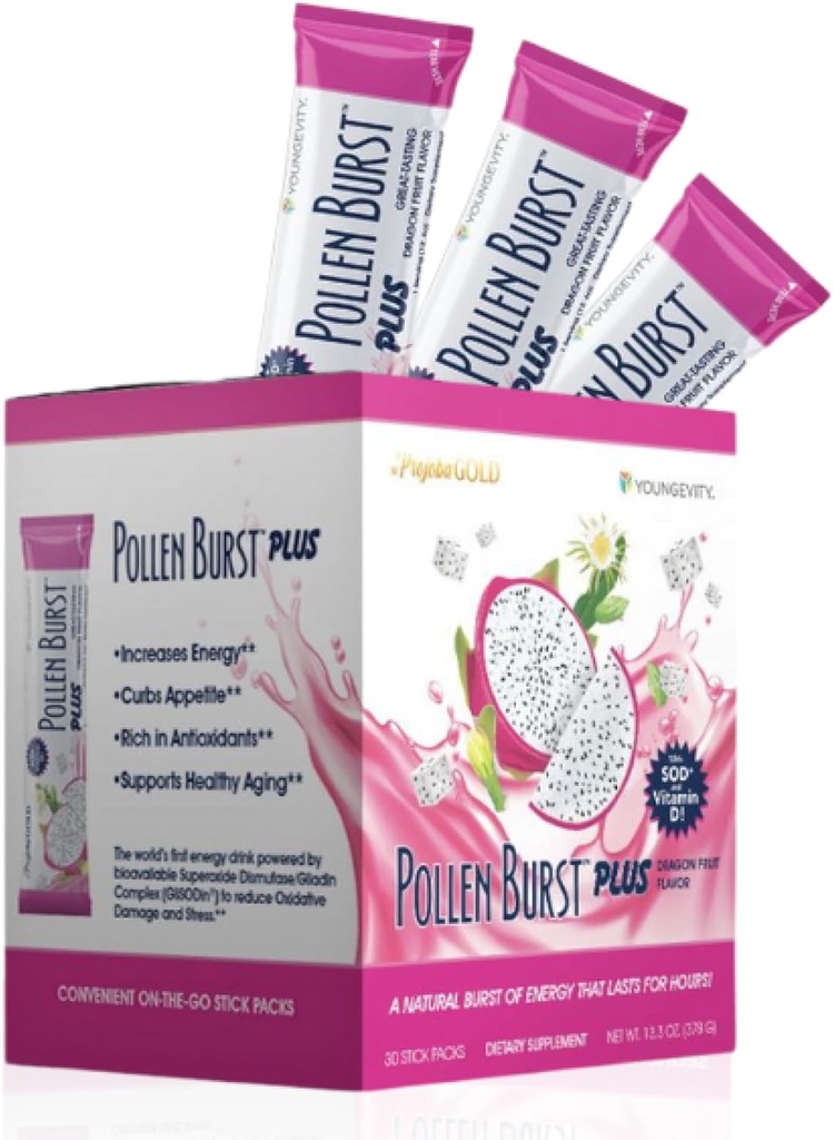 Youngevity ProJoba Pollen BurstTM Dragon Fruit - Καθαρή φυσική ενέργεια συμπλήρωμα w / Πράσινο τσάι, εκχύλισμα γύρης, GliSODin® - Αύξηση εστίασης, εγκεφαλική ενίσχυση, αντοχή, διανοητική σαφήνεια (30 ραβδιά)