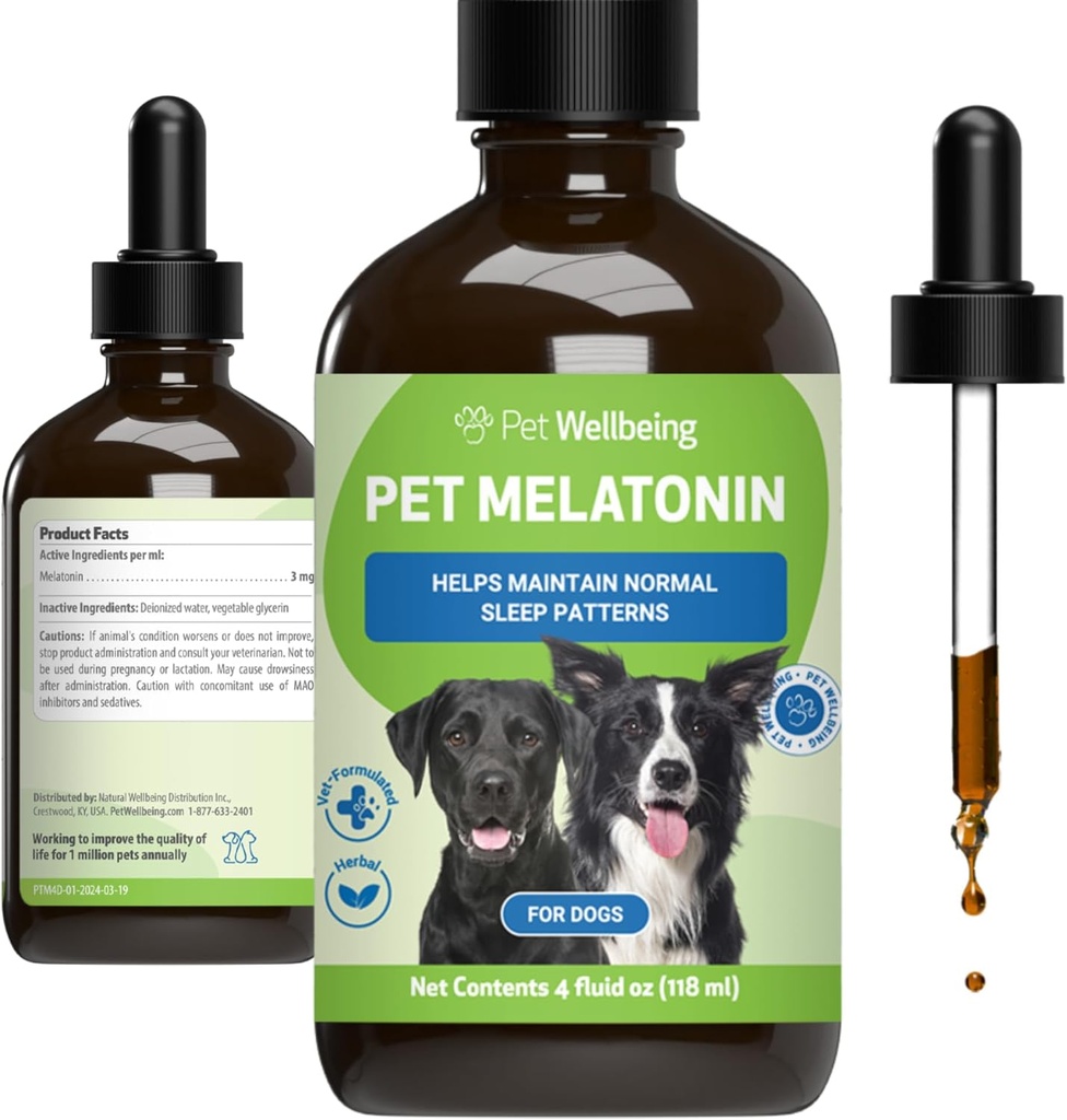 Pet Wellbeing Pet Μελατονίνη για σκύλους - Vet-Formulated Ολιστική υποστήριξη ύπνου - Υγιή πρότυπα ύπνου, Circadian Rhythm Balance - Συμπλήρωμα υγρής μελατονίνης - Made for Dogs 4 oz (59ml)