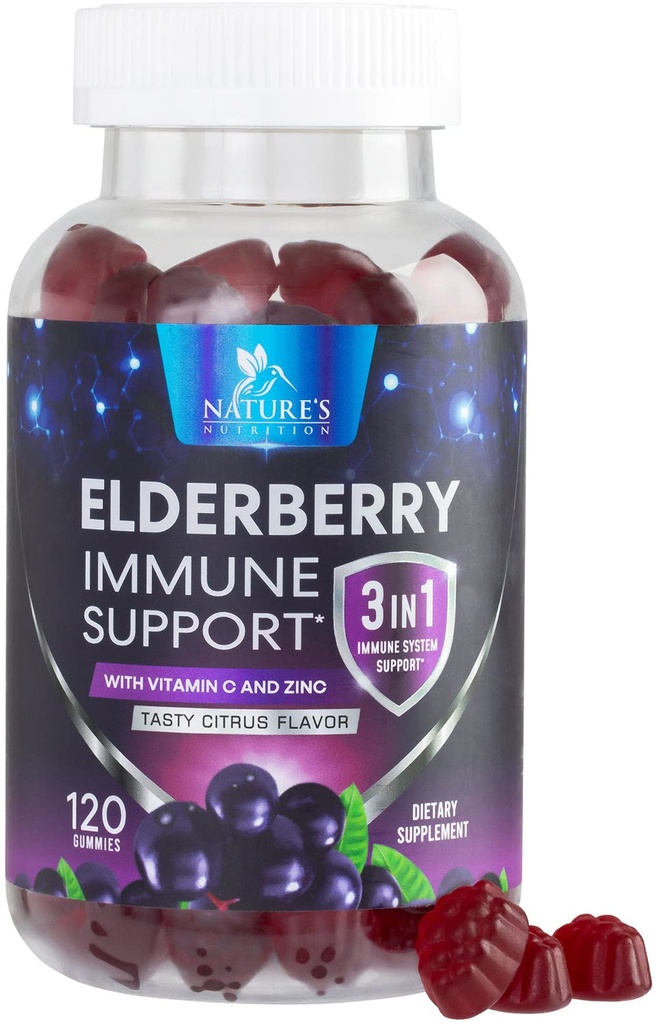 Gummies Elderberry με βιταμίνη C, D3 και ψευδάργυρο - ανοσοποιητική υποστήριξη Gummy για τα παιδιά και τους ενήλικες, Black Elderberry Extract Gummy Immune Health support συμπλήρωμα, Black Elder Berry Vitamin - 120 Gummies