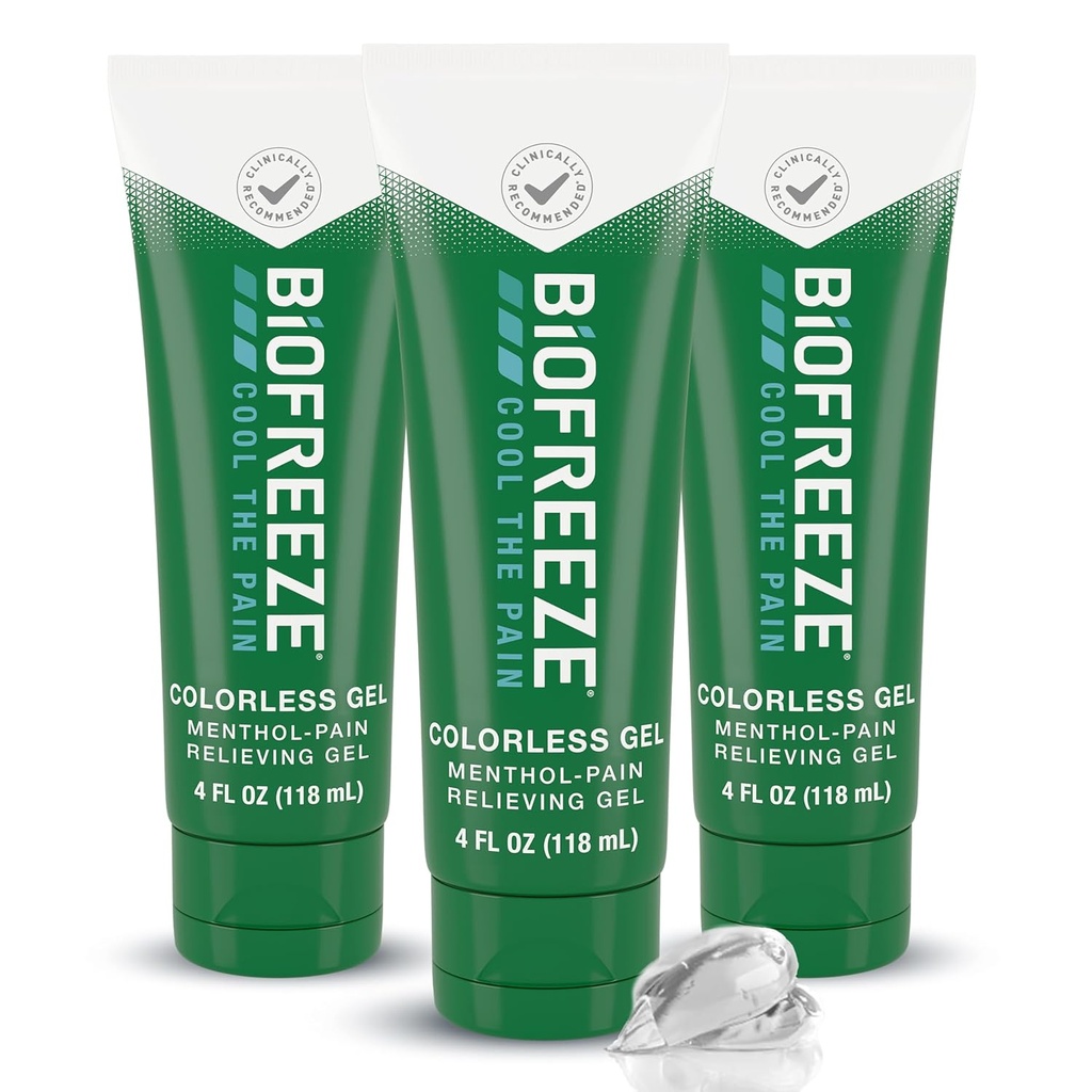 Biofreeze Pain Reliver Gel για γόνατο, λαιμό, ισχίο, αρθρώσεις, ώμος, & απλή πλάτη, Αρθρίτιδα Πόνος Reliever, πληγή μυών ανακούφιση, άχρωμο menthol Gel 4 fl Oz (πακέτο του 3)