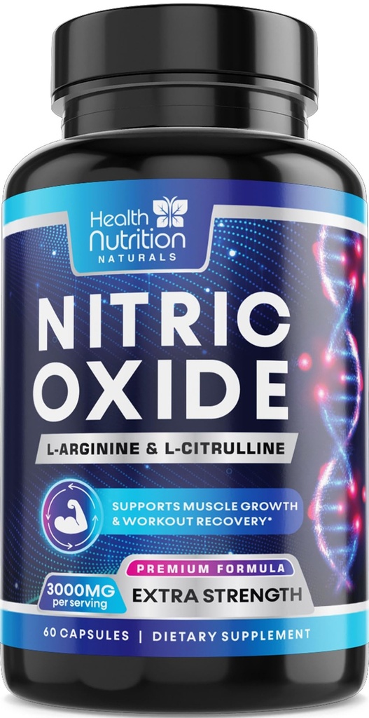 Επιπλέον δύναμη Nitric Oxide Booster 3000mg - 3X L-Αραγινίνη AKG & HCI + L-Citrulline Malate - Best μυϊκή υποστήριξη Nitric συμπλήρωμα - Φυσική ενέργεια, υποστήριξη καρδιάς AKG & HCI Εμφιαλωμένο ΗΠΑ - 60 κάψουλες