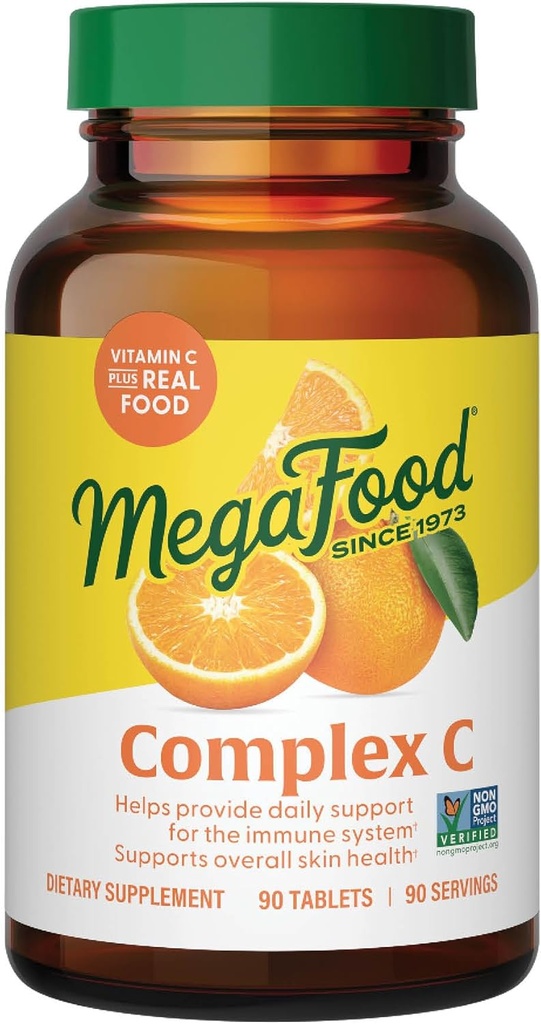 MegaFood Complex C - Vegan Immune Support Supplement with Vitamin C 250 mg, Made with Real Food Συμπεριλαμβανομένων Orange, Cranberry & Brown Rice, Gluten-free, Kosher - 90 Tablets, 90 Servings