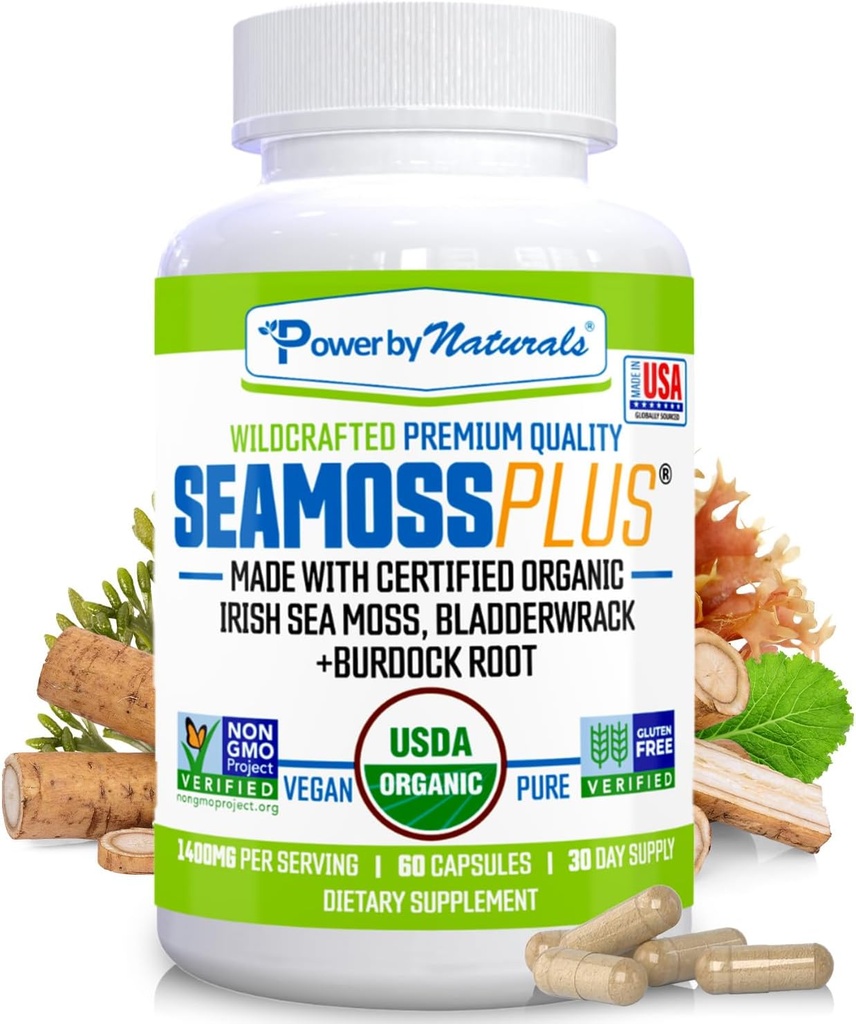 Power By Naturals SeaMoss Plus - USDA Organic Irish Sea Moss Capsules w/Wild Harved Irish Seamoss, Bladderwrack & Burdock Root Inmunicity Supplement Sea Moss Pills for Adult 60Ct - 1 Pack