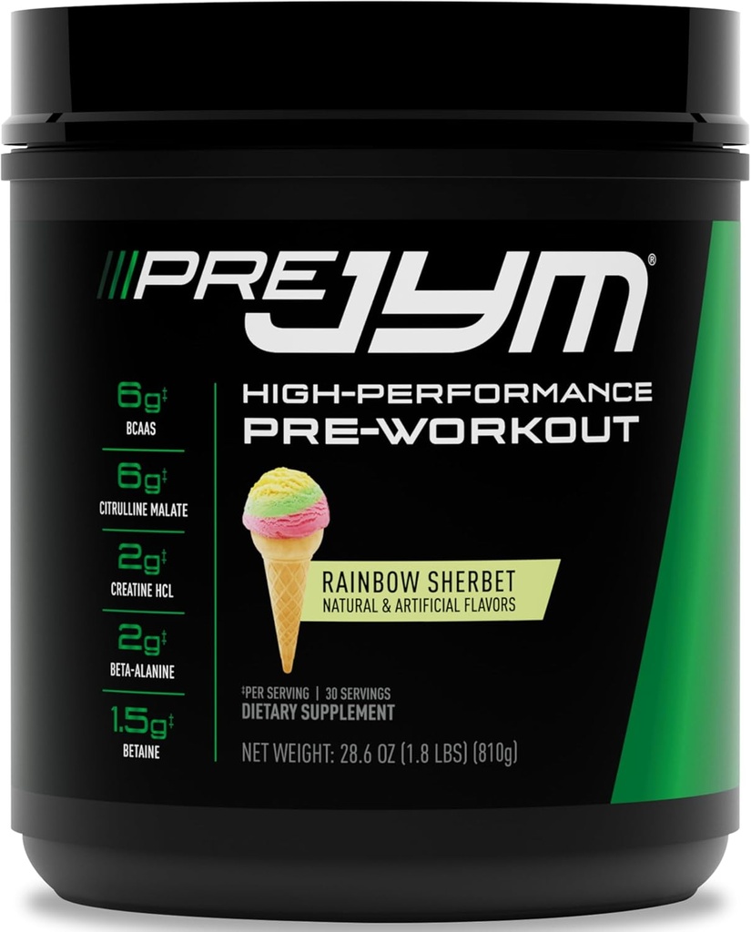 JYM Supplement Science Pre JYM Rainbow Sherbet Pre Workout Powder for Men & Women, BCAAs, Nootropics, Creatine HCI, Citrulline, Beta-Alanine, Betaine, Taurine, Huperzine, 30 Υπηρεσίες