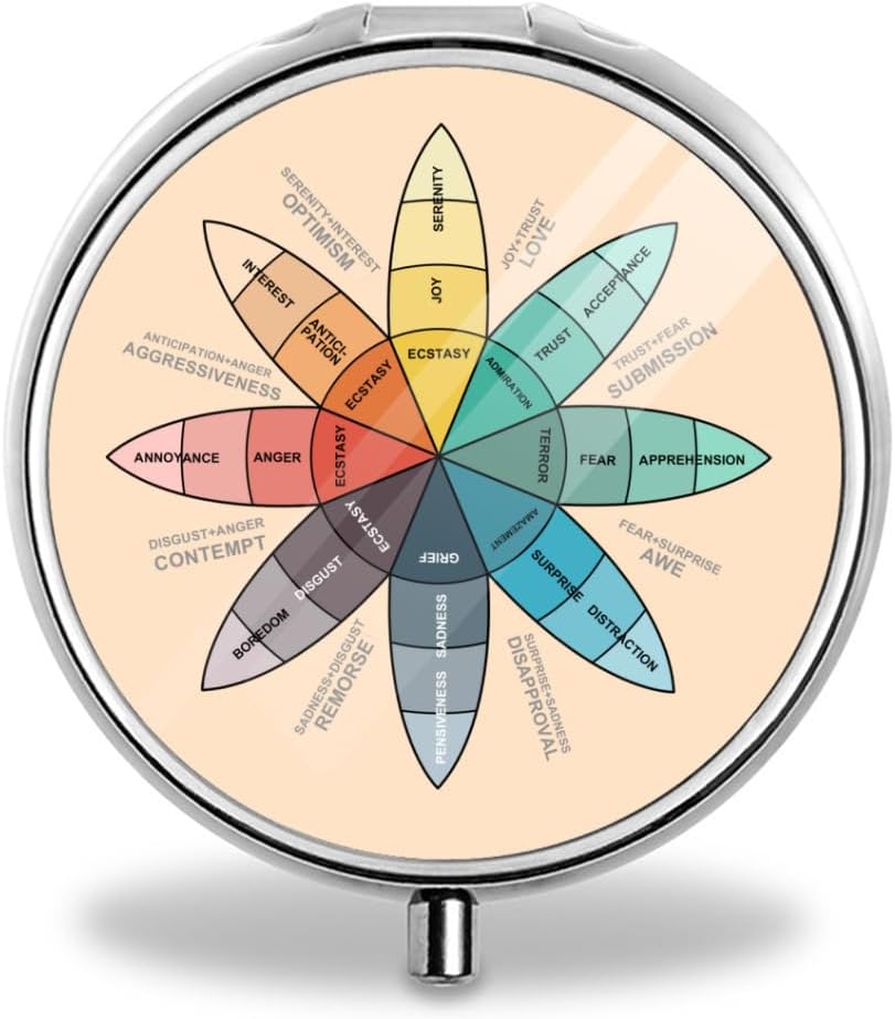 Plutchik's Wheel of Emotions Pill Box Purse Pocket Small Round Pill Case Decorative Box Metal Medicine Vitamin Pill Organizer Portable Unique Gift, 19.68in/50cm, Silver 7