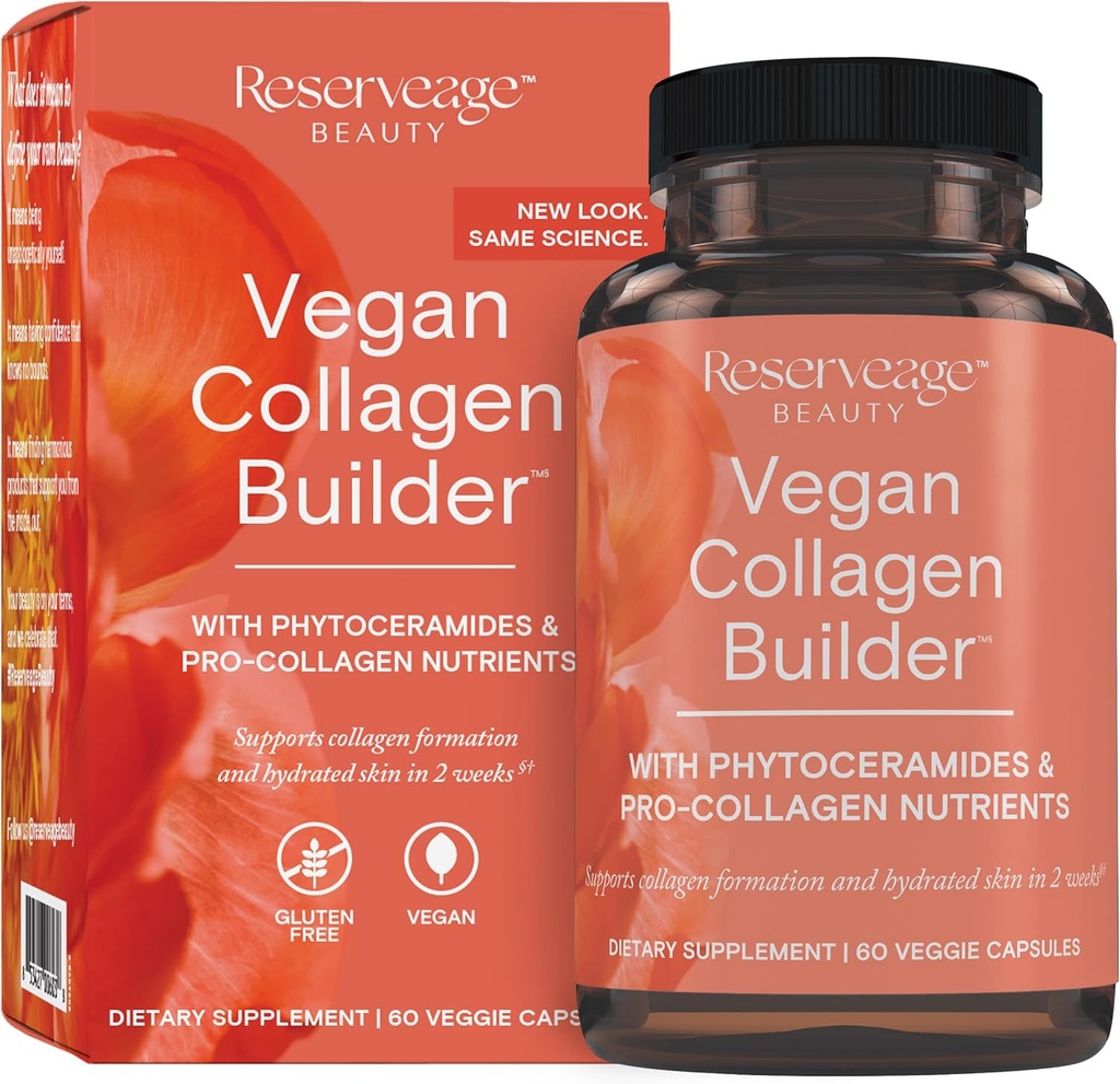 Reservage Beauty Vegan Collagen Builder - Plant-based Collagen Booster for Glawing Skin - Συμπλήρωμα βιταμίνης C για Hydrated Skin - Χωρίς γλουτένη - 60 κάψουλες λαχανικών (30 σερβιρίσματος)