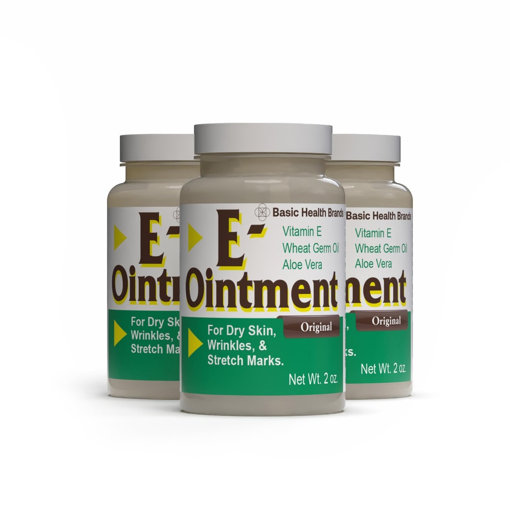 Basic Organics - Basic Brands - Vitamin E Ointment - 2 oz - Moisture Enhancing - Can Help Reduce Appearance of Scars, Stretch Marks, Fine Lines & Wrinkles - Pack of 3 | Vitamin E, Aloe Vera & wheat germ oil nourish skin, lips, cuticles & hair for smooth, soft, hydrated-looking results
