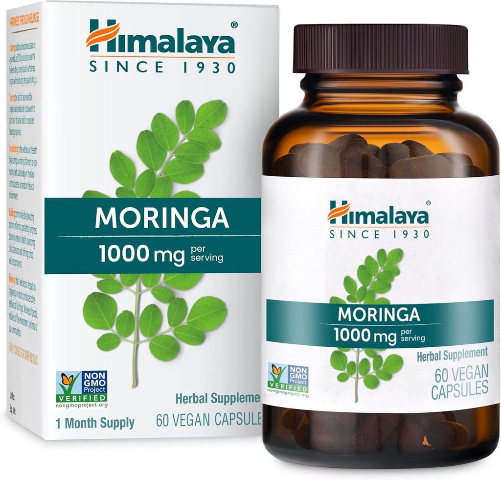 Himalaya Moringa - Βότανο Superfood Αντιοξειδωτικά Συμπλήρωμα Υποστήριξης Ευεξία, Ζωτικότητα και Οξειδωτικό Στρες - Vegan, Μη ΓΤΟ, Χωρίς Γλουτένη, 1000 mg, 60 Κάψουλες