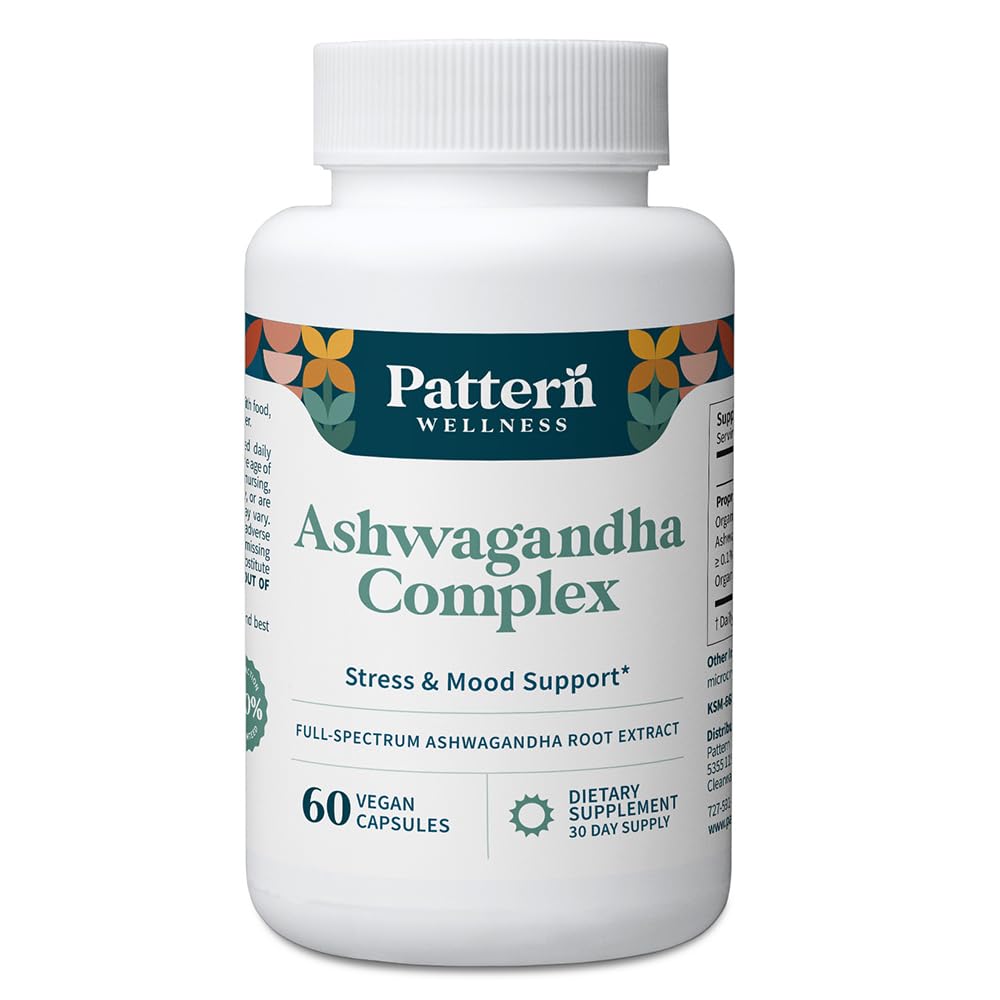 Pattern Wellness Ashwagandha Complex για άνδρες και γυναίκες - KSM-66 & Black Pepper Extract - Ολόκληρο το σώμα και την καρδιά υγεία - Υποστηρίζει το άγχος και τη διάθεση - μη GMO - 60 Vegan κάψουλες