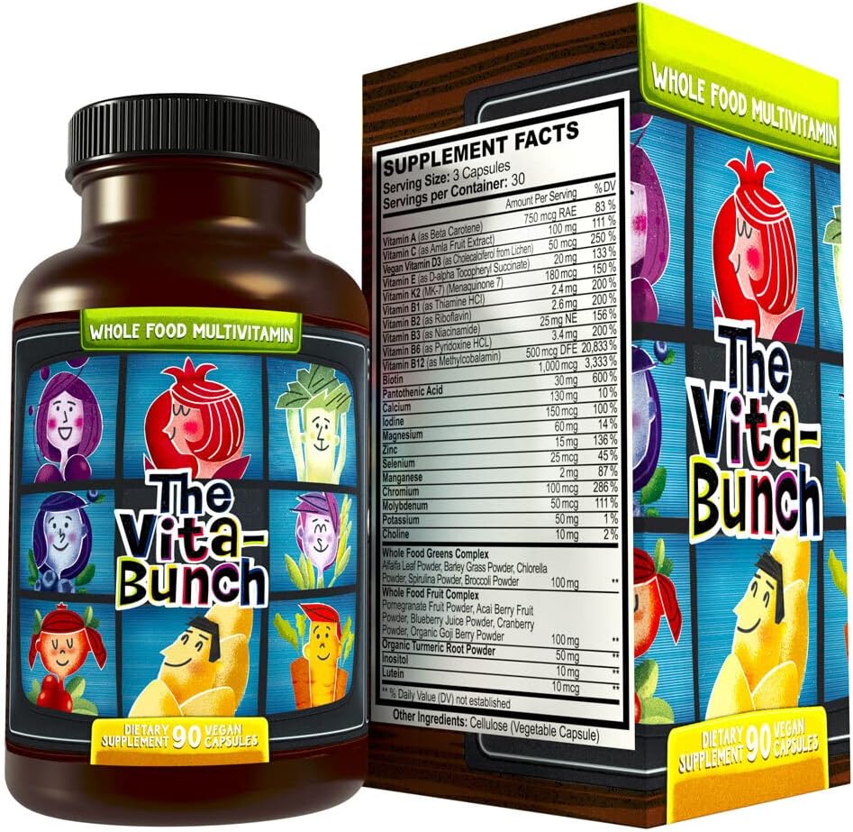 Whole Food Multivitamin Fruit & Super Greens All-in-one Vitamin Complex, 90 Vegan Capsules - Daily Vitamin for Women and Men - Iron, Zinc, B12, Vitamin A, D3 and More