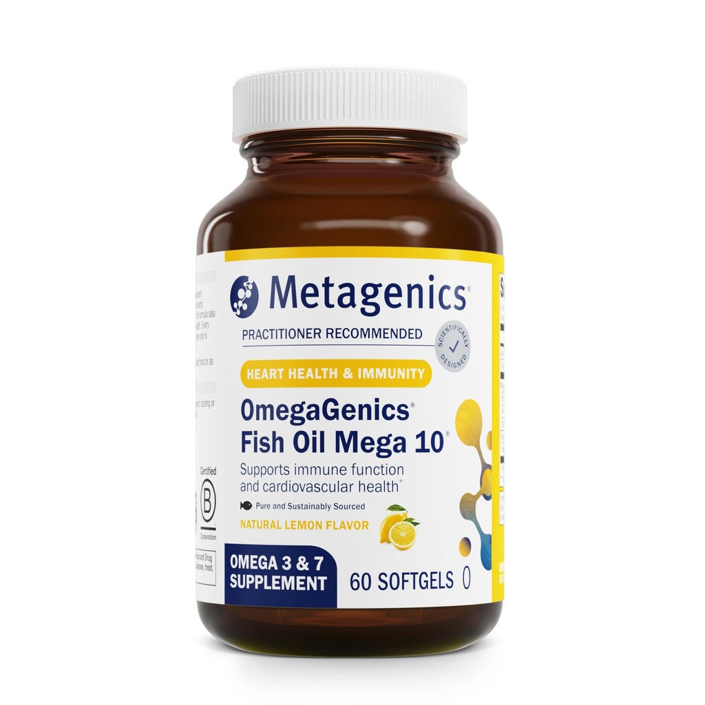 Μεταγονική OmegaGenics Mega 10 Omega Συμπλήρωμα με Omega-7, 330 mg EPA & 170 mg DHA για την υγεία της καρδιάς*- Ανθεκτικά πηγμένη & χωρίς επίγευση ψαριών - Μη-ΓΤΟ & Χωρίς γλουτένη - 60 Softgels