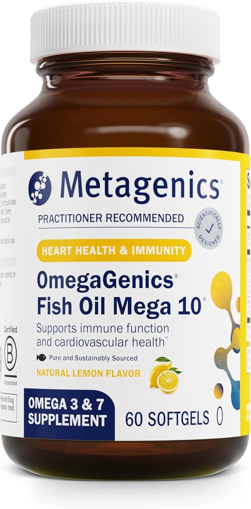 Μεταγονική OmegaGenics Mega 10 Omega Συμπλήρωμα με Omega-7, 330 mg EPA & 170 mg DHA για την υγεία της καρδιάς*- Ανθεκτικά πηγμένη & χωρίς επίγευση ψαριών - Μη-ΓΤΟ & Χωρίς γλουτένη - 60 Softgels