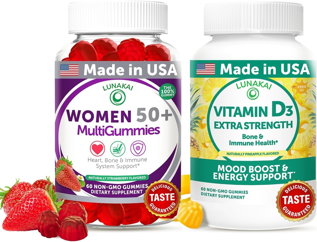 Lunakai USA Made Women’s 50+ Multivitamin & Vitamin D3 Gummies Bundle, Supports Οστό, καρδιά, ανοσοποιητική & ενεργειακή υγεία, μη-GMO, Γλουτένη-ελεύθερο, Delicious Strawberry & Pineapple Flavors, 60ct έκαστος