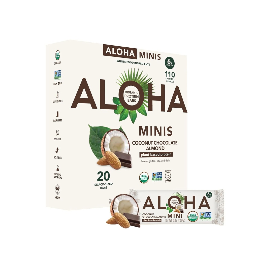 ALOHA Organic Plant Based Protein Bar MINIS |Coconut Chocolate Almond | 20 Count, 24g Bars | Vegan, Low Sugar, Gluten Free, Paleo, Low Carb, Non-GMO, Stevia Free, Soy Free, No Sugar Alcohols