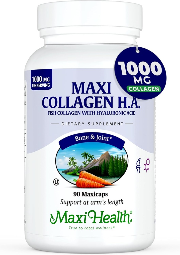 Maxi Health Marine Collagen Pills – 1000 mg τύπου 1 Collagen για γυναίκες & άνδρες με Hyaluronic Acid Supplement για κοινή & δερματική υποστήριξη – Άγευστες, καθαρές κάψουλες Kosher (90 Maxicaps)