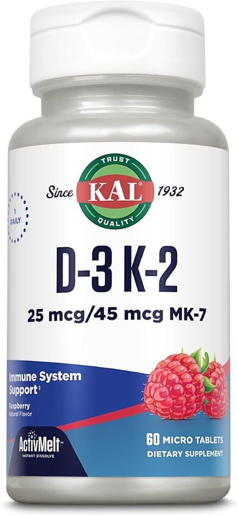 KAL Vitamin D3 K2 ActivMelt, Bone Health, Heart and Immune Support Supplement w/ D3 1000 IU and MK7 Vitamin K2, Instant Dissolve Tabs, Natural Raspberry Flavor, 60 Servings, 60 Micro Tablets