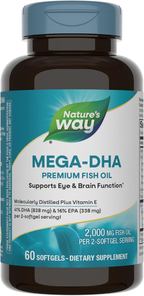 Nature's Way Mega-DHA Premium ιχθυέλαιο, υποστηρίζει λειτουργία ματιών και εγκεφάλου*, Ωμέγα-3, 2.000 ιχθυέλαιο mg ανά 2-Softgel υπηρεσία, 60 Softgels (συσκευασία Μαΐου Vary)