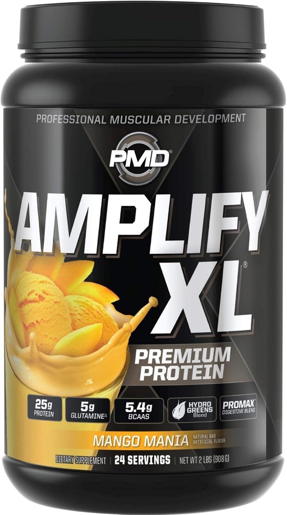 PMD Sports Amplify XL Premium Whey Protein Supplement Hydro Greens Blend - Glutamine and Whey Protein Matrix with Superfood for Muscle, Strength and Recovery - Mango Mania (24 Servings)