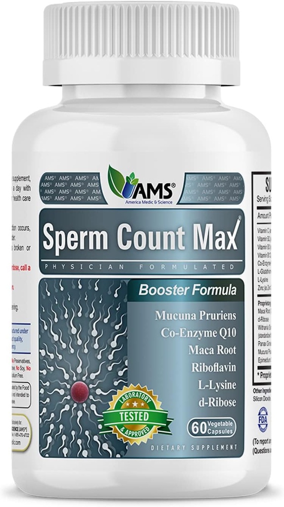 America Medic & Science Sperm Count Max (60 Capsules) | Male Fertility Supplement | Enhances Sperm Count and Reproductive Health | Prenatal Vitamins for Men | with Zinc, CoQ10, Vitamin C, B2, and B12