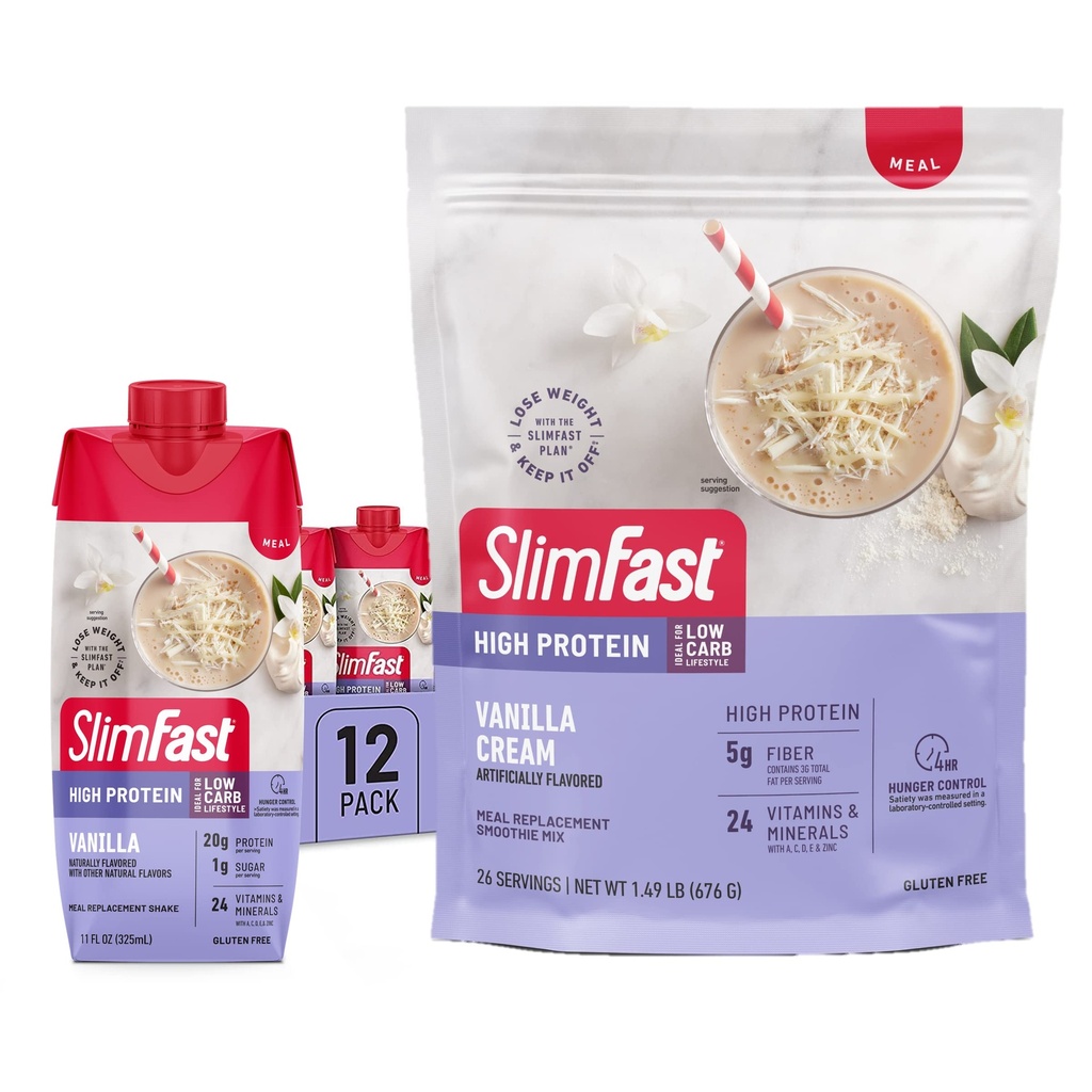 SlimFast Υψηλής πρωτεΐνης Vanilla Bundle- 12 Count of Vanilla High Protein Meal Replacement Shakes (20g Protein) with 26 Servers of Vanilla High Protein Powder Mix (20g Protein)
