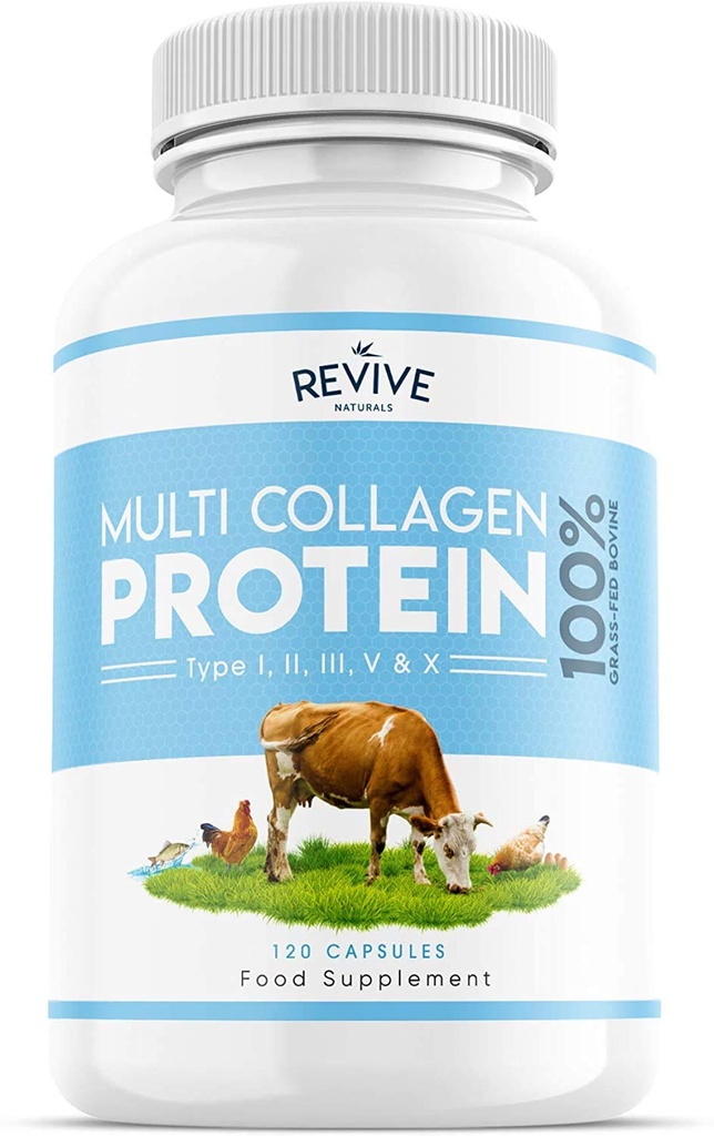 Revive Naturals Πολυ κάψουλες πρωτεΐνης κολλαγόνου - Τύποι I, II, III, V & X - Υδρολυμένο χόρτο Fed Bovine, Wild Caught Marine & Free-Range κοτόπουλο, Φτιαγμένο με υαλουρονικό οξύ & βιταμίνη C, 120 Caps