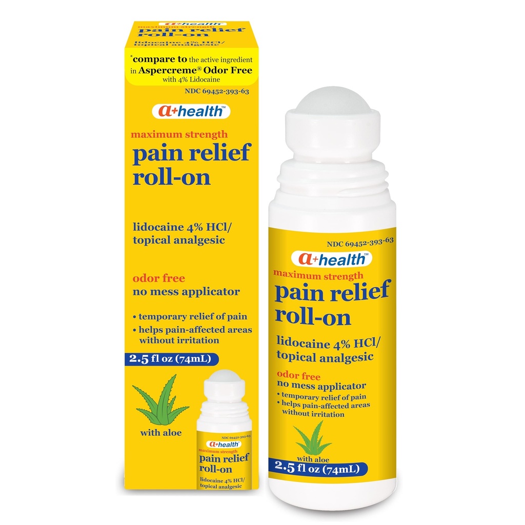 A+Health Pain Relief Roll-On Liquid, Lidocaine 4%, Odor Free, Maximum Strength Pain + Itch Relief with Aloe, Made in USA, 2,5 fl Ουγγιά