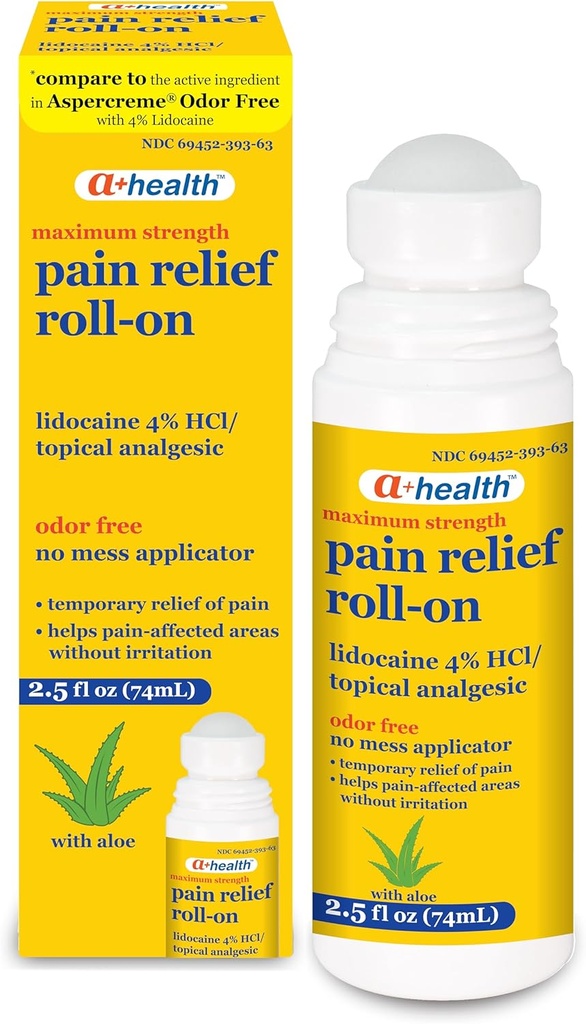 A+Health Pain Relief Roll-On Liquid, Lidocaine 4%, Odor Free, Maximum Strength Pain + Itch Relief with Aloe, Made in USA, 2,5 fl Ουγγιά