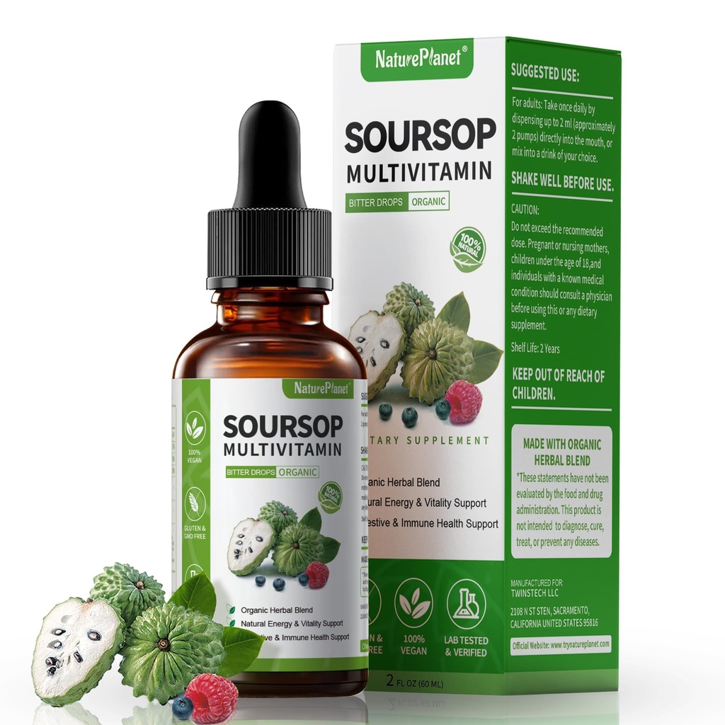 Graviola Soursop Bitters Υγρές σταγόνες με βιταμίνη C, D3, B6, 5000mg εκχύλισμα φρούτων και φύλλων Soursop + 10 Bitter Botanicals για ανοσοϋποστήριξη Digestive Health Antioxidant Boost丨Non-GMO Vegan 2 Fl Oz