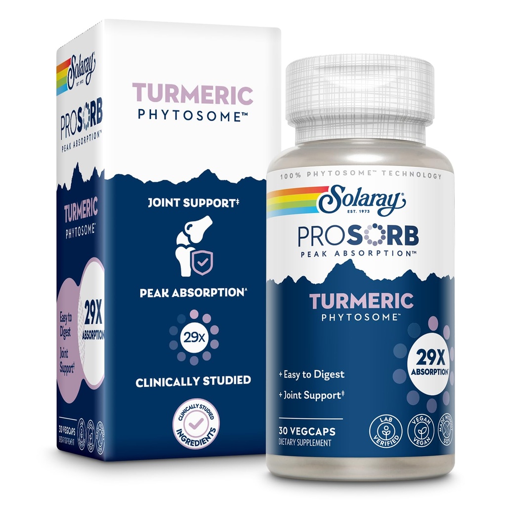 SOLARAY ProSorb Turmeric Supplement Phytosome 500 mg - 29X Υψηλή Απορρόφηση Turmeric Curcumin Supplement for Joint Health Support - Εύκολη στη δύσπνοια Κουρκουμίνη, Vegan, 60-Day Εγγύηση, 30 Serv, 30 VegCaps