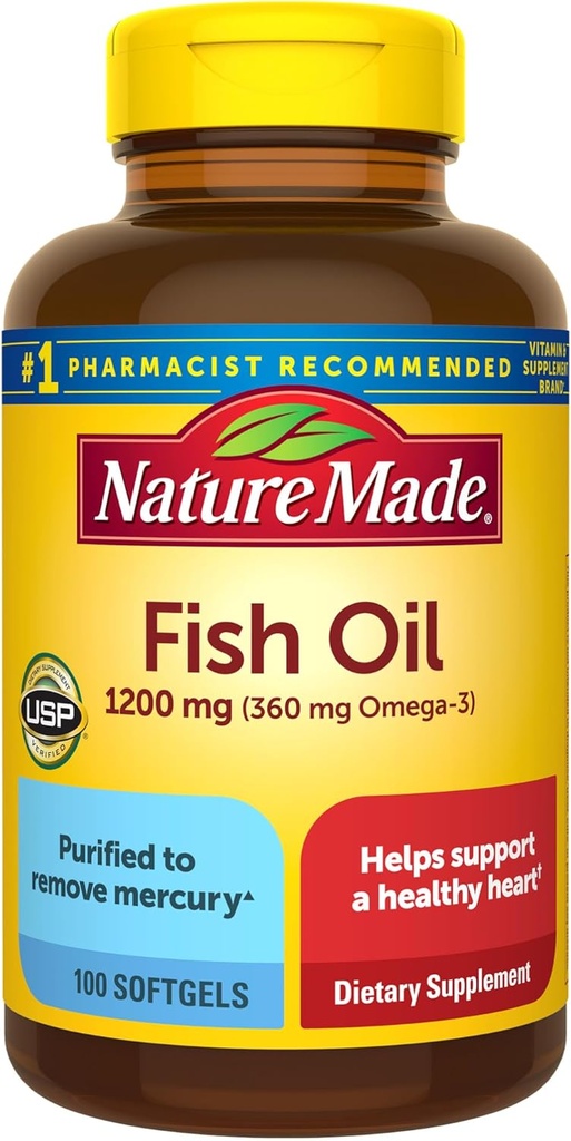Nature Made Fish Oil Omega 3 Συμπληρώματα, 1200mg Softgels, Omega 3 Fish Oil for Healthy Heart Support, 100 Softgels, 50 Day Supply