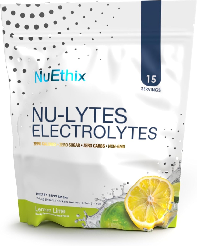 NuEthix Formulations NU-LYTES Electrolytes Hydration Packets, Zero Calories, Zero Sugar, Zero Carbs, Non-GMO, Electrolytes Powder Packets, Glycogen Replenishment, 15 Servings (Lemon Lime)