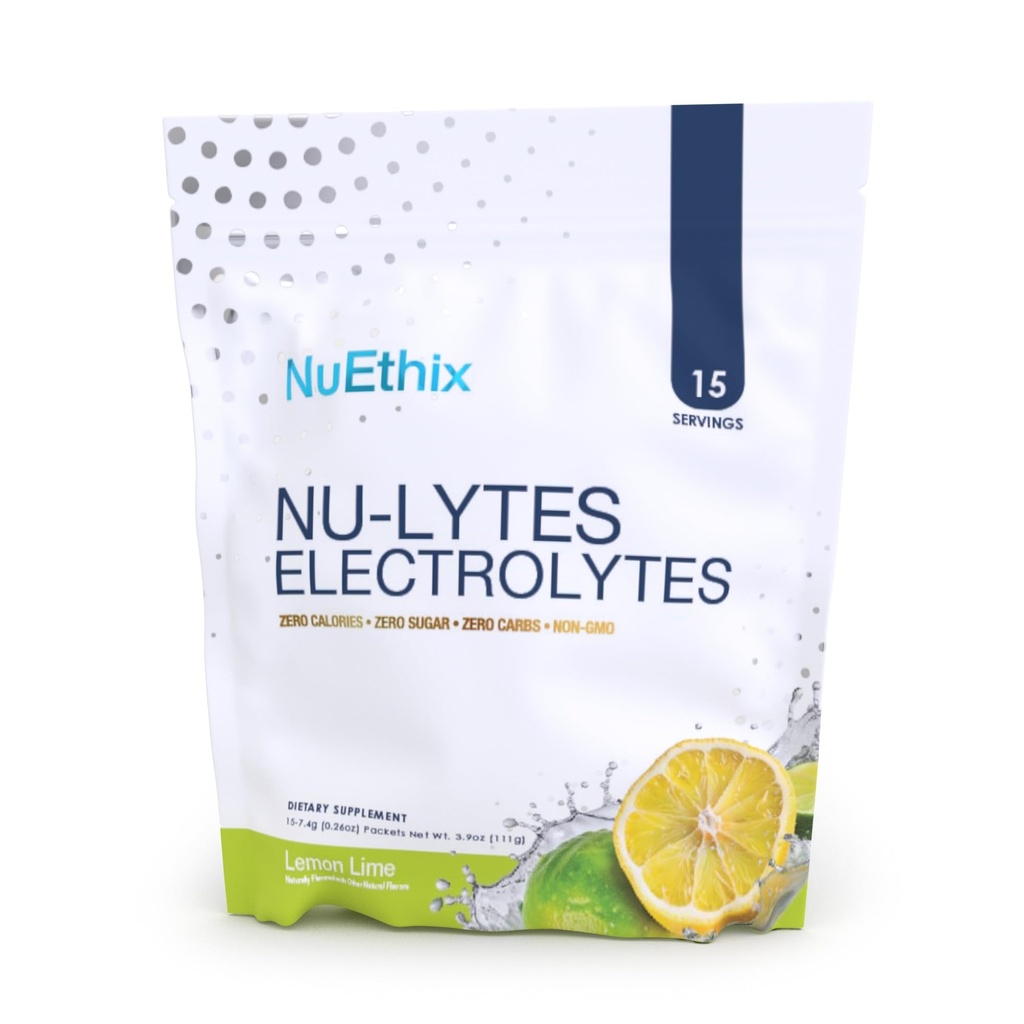 NuEthix Formulations NU-LYTES Electrolytes Hydration Packets, Zero Calories, Zero Sugar, Zero Carbs, Non-GMO, Electrolytes Powder Packets, Glycogen Replenishment, 15 Servings (Lemon Lime)