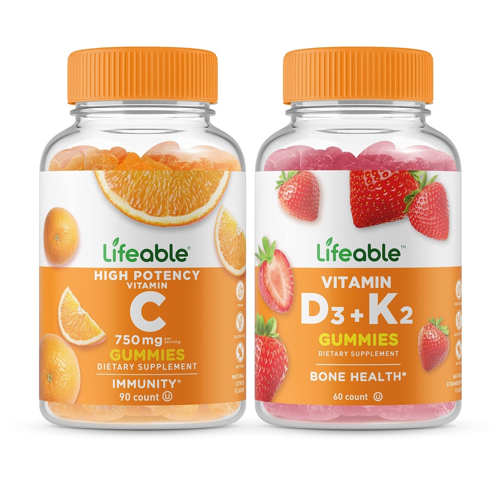 Ζωηρή βιταμίνη C 750mg + Βιταμίνη D3 + Βιταμίνη K2, Gummies Bundle - Μεγάλη γεύση, συμπλήρωμα βιταμίνης, Χωρίς γλουτένη, Χωρίς ΓΤΟ, Μασώμενα Gummy