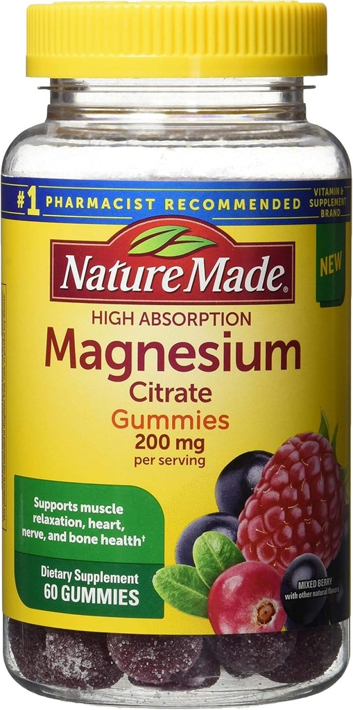 Nature Made High Absorption Magnesium Citrate 200mg Gummies, 60 Count, Mixed Berry, 60 Count (Pack of 12)