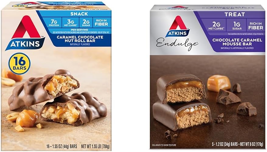 Atkins Caramel Chocolate Nut Roll Snack Bar, Protein Snack, High in Fiber, 2g Sugar, 16 Count & Endulge Chocolate Caramel Mousse Bar, Dessert Αγαπημένα, 1g Sugar, High in Fiber, 5 Count