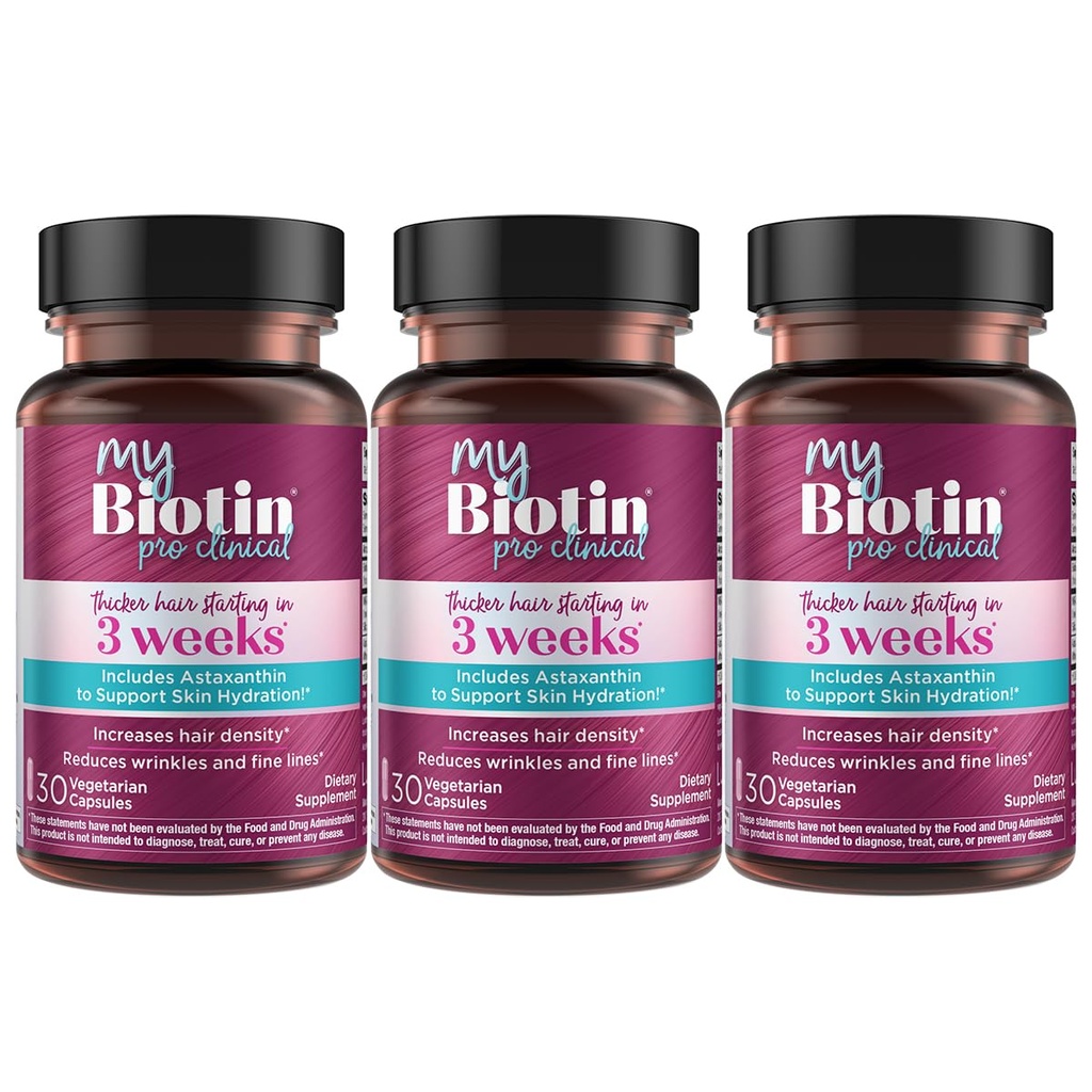 Προϊόντα καθαρότητας MyBiotin ProClinical – Thicker Hair Ξεκινώντας σε 3 εβδομάδες & Καταπολέμηση ρυτίδες - MB40X Πατενταρισμένο Biotin Vitamin B7 Matrix w/Astaxanthin - 40X More Soluble vs Συνηθισμένη Βιοτίνη, 90 κάψουλες Veg