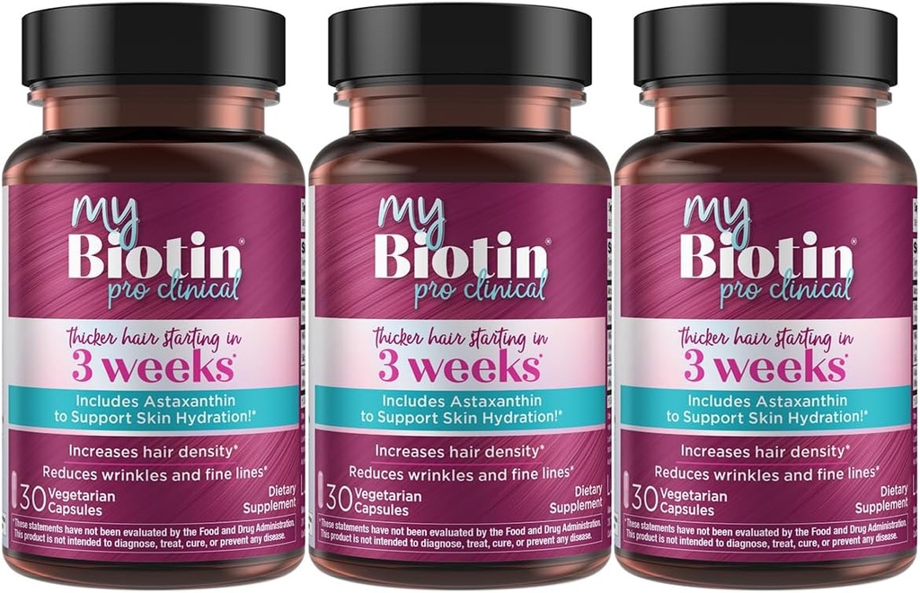 Προϊόντα καθαρότητας MyBiotin ProClinical – Thicker Hair Ξεκινώντας σε 3 εβδομάδες & Καταπολέμηση ρυτίδες - MB40X Πατενταρισμένο Biotin Vitamin B7 Matrix w/Astaxanthin - 40X More Soluble vs Συνηθισμένη Βιοτίνη, 90 κάψουλες Veg