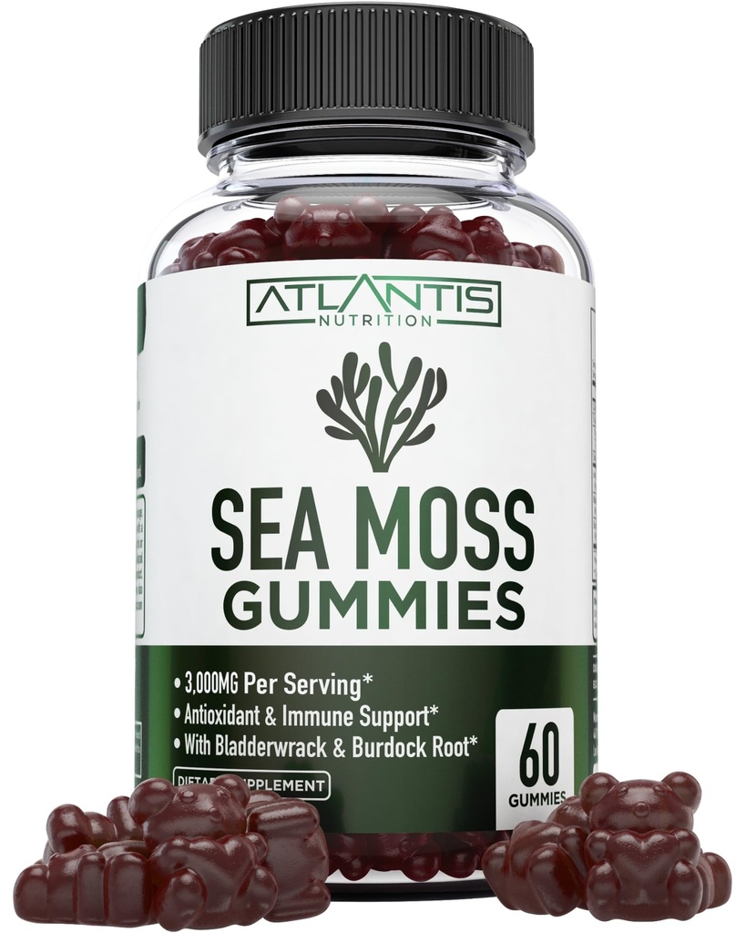 Irish Sea Moss Gummies - 3000MG - Formulated w/ Irish Sea Moss, Bladderwrack & Burdock Root, Contain Essential Vitamin & Mineral - Antioxidant-Rich Superfood Supplement, 60 Sea Moss Gummies for Adults