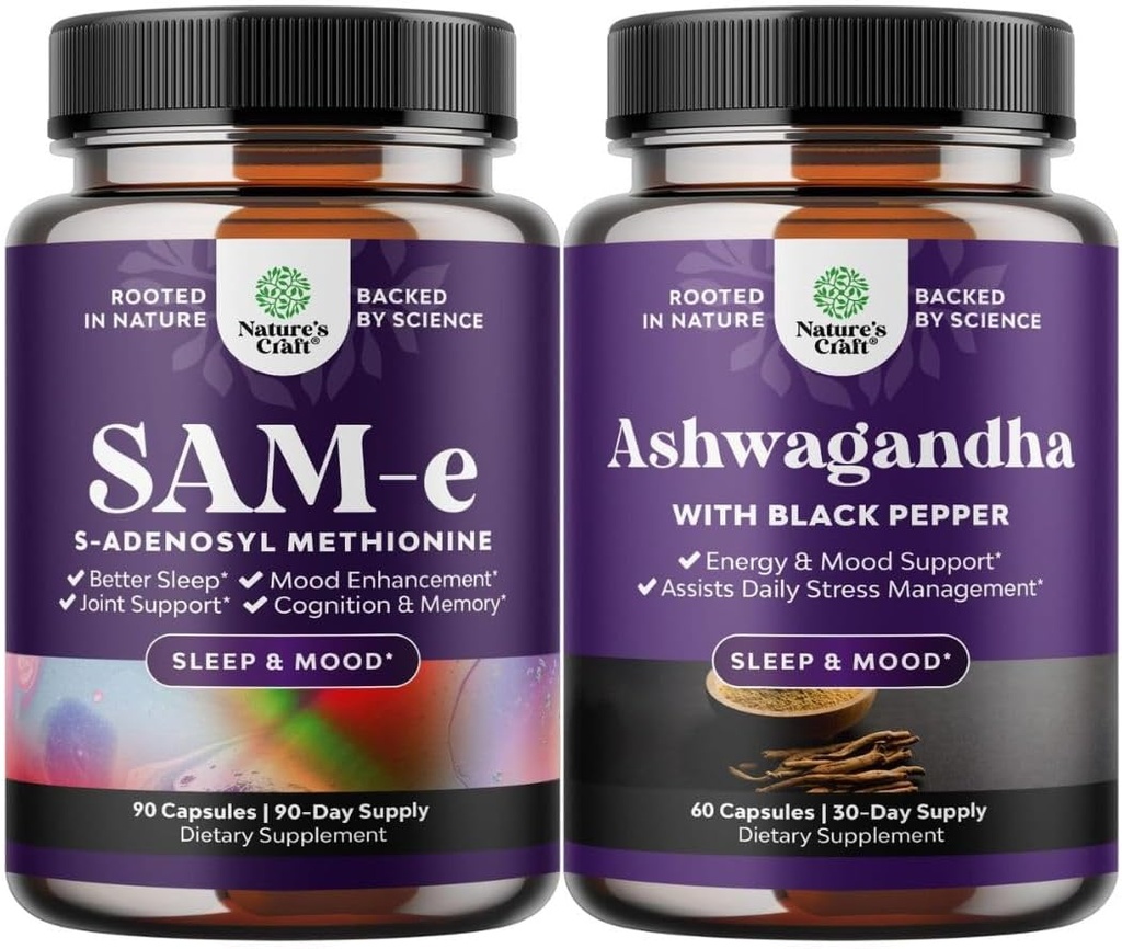 Δέσμη καθαρού SAM-E Nootropic Brain συμπλήρωμα και Mood Enhancer Organic Ashwagandha κάψουλες - συμπλήρωμα υποστήριξης εγκεφάλου - Thyroid Energy Focus και Adrenal Support