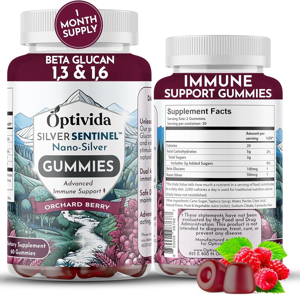 Optivida Nano Silver Immune Support Gummies (60 Count) – Beta Glucan Συμπληρώματα για την καθημερινή ανοσοποιητική υποστήριξη, Orchard Berry Flavor για την ανοσοποιητική υγεία, Collidal Silver συμπλήρωμα με Beta Glucan 100