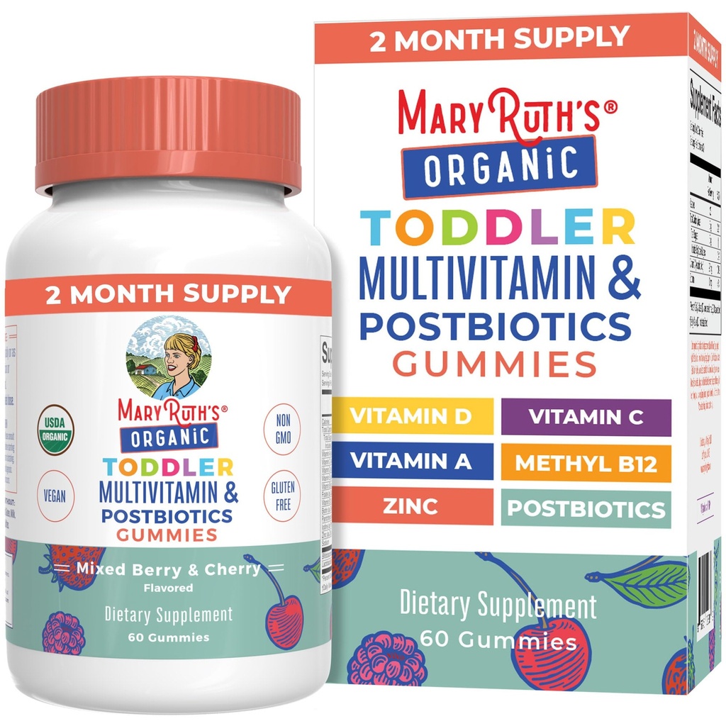 MARYRUTH'S Organics Toddler Multivitamin Gummies + Postbiotics | USDA Organic | Vitamins for Kids Ages 2+ | Immune Support | Vitamin C | Vitamin D3 | Vitamin A | Zinc | Vegan | Non-GMO | 60 Servings