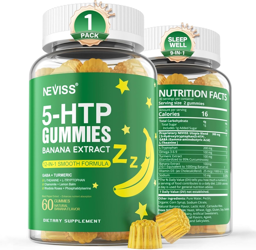 NEVISS 1Pack 5-HTP Gummies + GABA - Χωρίς μελατονίνη - Χαλαρώστε Gummies με εκχύλισμα μπανάνας, L-Θεανίνη, L-Τρυπτοφάνη, Βιταμίνη D3 για υγιή κύκλο ανάπαυσης & Circadian Rhythm, Λειτουργία του εγκεφάλου & μυϊκή χαλάρωση