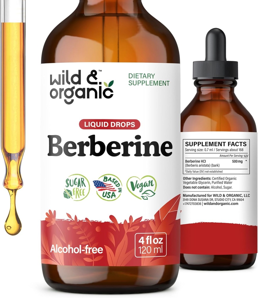 Wild & Organic Berberine Drops 500mg - Συμπλήρωμα υγρής βερβερίνης HCL για τη συνολική υποστήριξη - Pure Extract Tincture - Vegan, Αλκοόλ & Ζάχαρη-Free - 4 fl oz